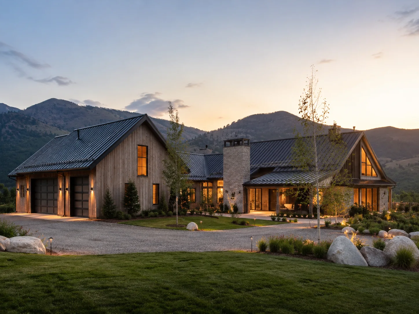 Modern mountain home framed by alpine peaks